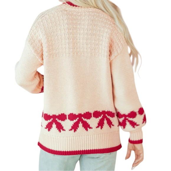 2055. Women's Cream and Red Bow Cardigan Sweater - Picture 2 of 2